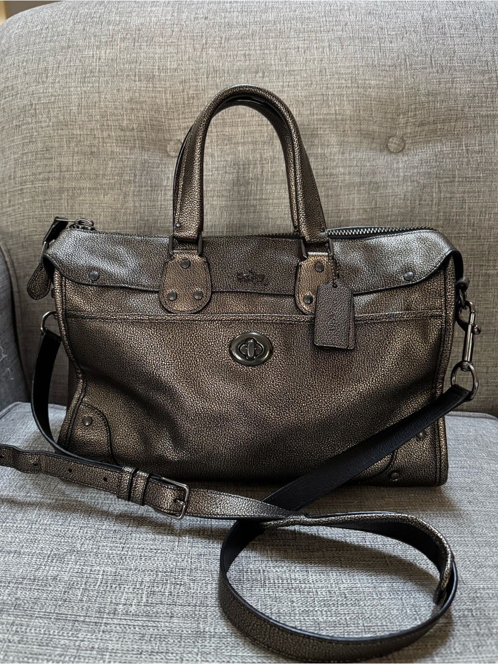 COACH 33739 Large Metallic Two-Tone Bronze Rhyder Gun Metal Satchel Crossbody